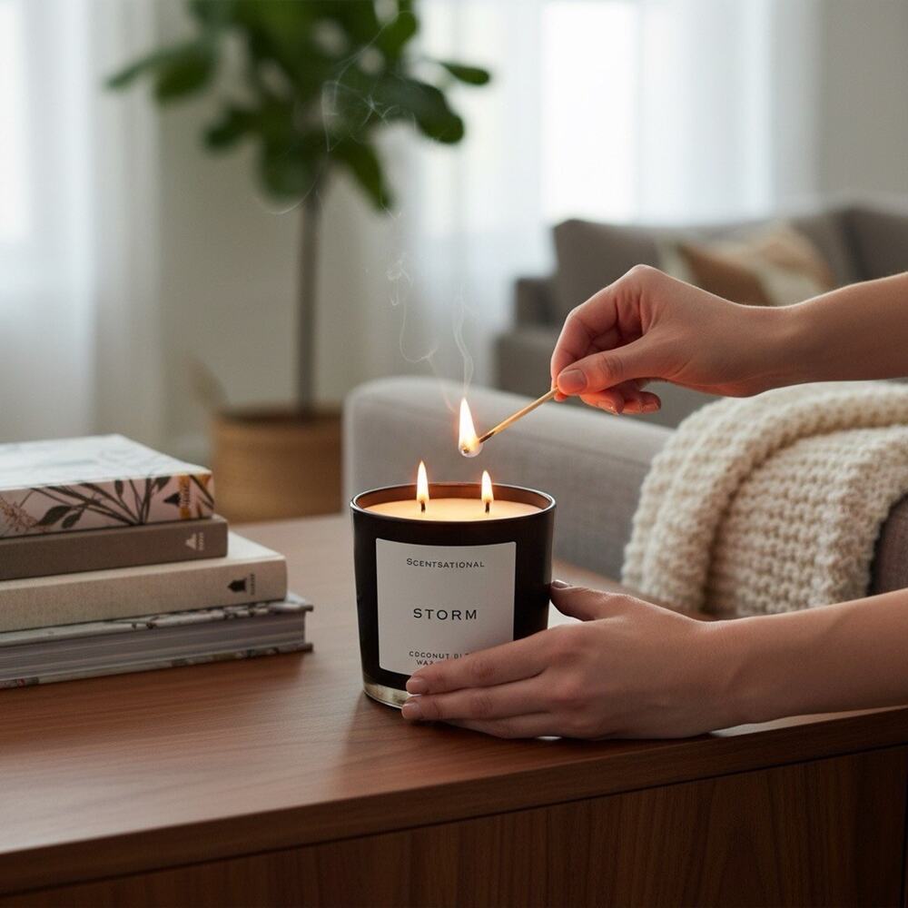 Scentsational Storm Candle Large Black Glass Jar 26oz 3 Wicks Coconut‎ Wax Blend